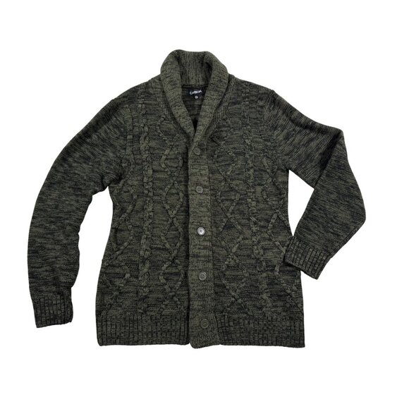 Grandpa Chunky Relaxed Slouchy XL Shawl Collar Cableknit Green Cardigan Cottage - Picture 1 of 12
